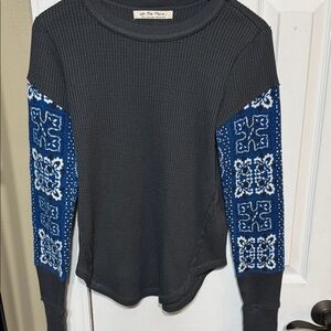 We The Free Black Waffle Knit Top with Blue Patterned Sleeve Panels